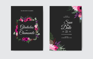 Botanical wedding invitation card template design, white and pink flowers on white background.
