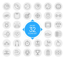 SPORT 32 icons set with circles design isolated on white background. Vector.