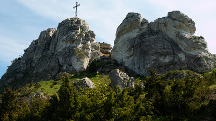 Fototapeta premium View of the Sokolich Mountains Reserve and rock stones in Olsztyn. A free space for an inscription
