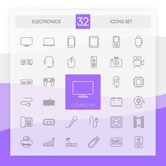 ELECTRONICS 32 icons set with flat abstract design isolated on white background. Vector.