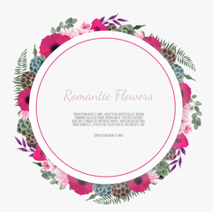 Summer Floral Greeting Card with Blooming garden flowers, botanical Illustration in watercolor style.