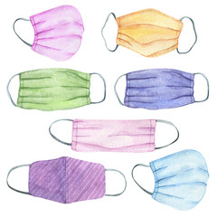 Set of watercolor illustrations medical masks. Face masks isolated on white background.  Illustrations against corona virus. For printing and electronic media.