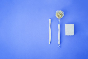 Eco product with wooden goods and sustainable product for body care hygiene