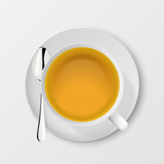 Vector 3d Realistic White Porclean, Ceramic Tea Cup, Mug with Green Tea and Silver Tea Spoon Closeup Isolated on White Background. Design Template, Clipart. Top View