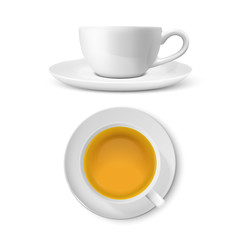 Vector 3d Realistic White Porclean, Ceramic Tea Cup, Mug Set with Green Tea Closeup Isolated on Transparent Background. Design Template, Clipart. Top and Front View