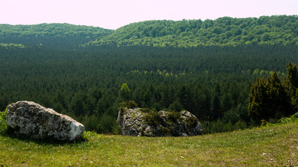 View of the Sokolich Mountains Reserve and rock stones in Olsztyn. A free space for an inscription