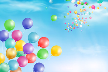 Flying bright Colorful Balloons with confetti, ribbon, serpentine in the blue sky party background. Festive birthday balloons background with space for text. vector illustration.