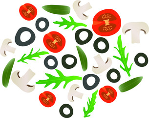 Tomato, Mushroom, Olives, Arugula, Thyme - Top View - Illustration, Icon, Isolated
