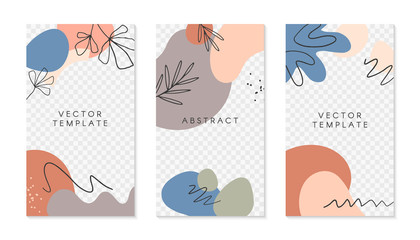 Set of editable insta story templates with copy space for text.Modern vector layouts with hand drawn organic shapes and textures.Trendy design for social media marketing,digital post,prints,banners.
