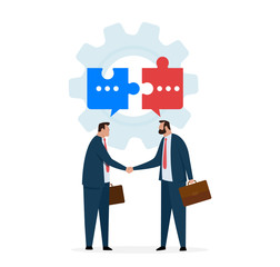 Dialogs of two businessman. Reach an agreement. Characters in suits discuss social networks. Thoughts puzzle. Vector illustration on white background.