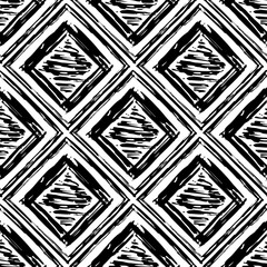 Black ink rhombuses and squares isolated on white background. Seamless pattern. Hand drawn vector graphic illustration. Texture.