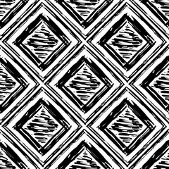 Wall murals Rhombuses Black ink rhombuses and squares isolated on white background. Seamless pattern. Hand drawn vector graphic illustration. Texture.