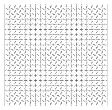 Set of four hundred fifty fifty puzzle pieces. Puzzle with different types of details and the ability to move each part. Black and white vector illustration isolated on white background.