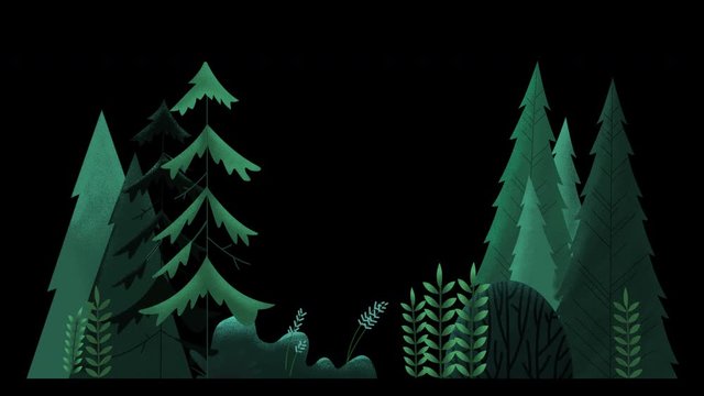 Seamless loop. Group of evergreen trees, grass and bushes swinging in wind.Green misty night. Animated vector illustration with brushes and texture isolated on black background with alpha luma matte.