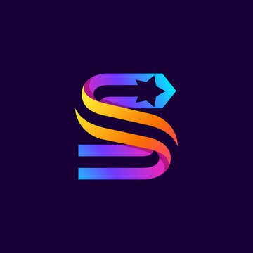 Letter S logo with star inside. Vector parallel lines icon.