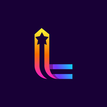 Letter L logo with star inside. Vector parallel lines icon.