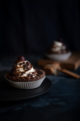 Chocolate cookie with cream and cherries on dark background