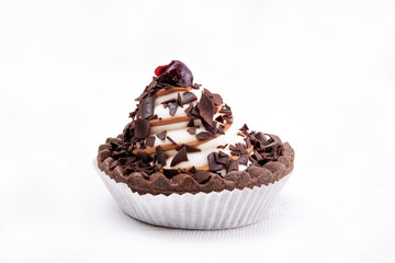 Chocolate cookie with cream and cherry on white - 347971784