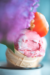 Strawberry ice cream on rural background - 347972981
