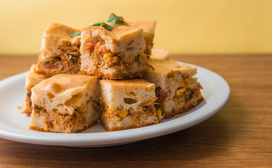 Traditional Brazilian Chicken Pie.  Tipical food from Brazil. June Party (Festa Junina) Brazilian Festival. Arraial Rustic Wood Background. 