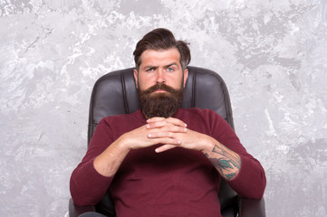 Big boss. Confident businessman. Businessman sit chair. Bearded businessman in office. Businessman...