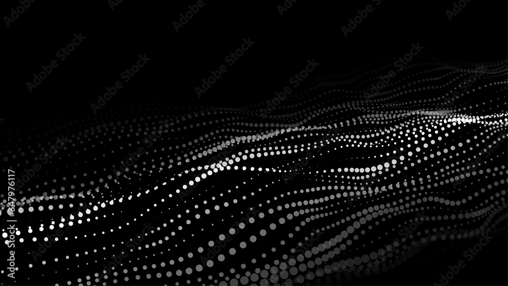 Poster Dynamic particles wave. White dots on black background. Digital landscape. Vector illustration.Big data visualization 3D.