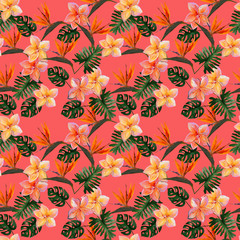 Seamless tropical pattern with plumeria and strelitzia with leaves on coral background. Seamless pattern with colorful leaves of colocasia, filodendron, monstera. Exotic wallpaper. Hawaiian style © Olena