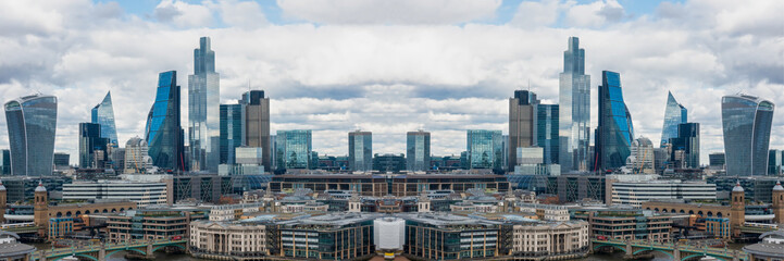 Horizontal mirror effect of London, UK city skyline and skyscrapers