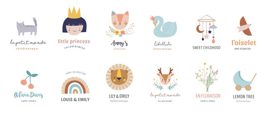 Baby logos, icons, children room, nursery decoration in pastel colors. Vector illustrations in retro style