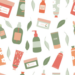 Organic natural cosmetic products and leaves seamless repeat pattern for wrapping paper, wallpaper.