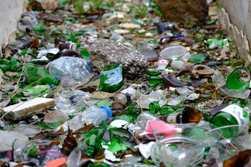 liquor and beer bottle shards, glass bottle shards, people pollute nature,