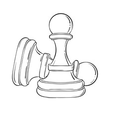 Line art drawing of chess pieces minimalist design isolated on white background. Pawn in sketch style hand drawn engraving vector illustration. Outline sign, concept symbol