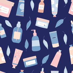 Organic natural cosmetic products and leaves seamless repeat pattern for wrapping paper,wallpaper.