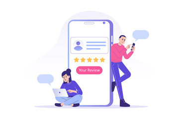 Customer review or feedback concept. Young people giving five star feedback and choosing satisfaction rating on smartphone app. Rating on customer service and user experience. Vector illustration
