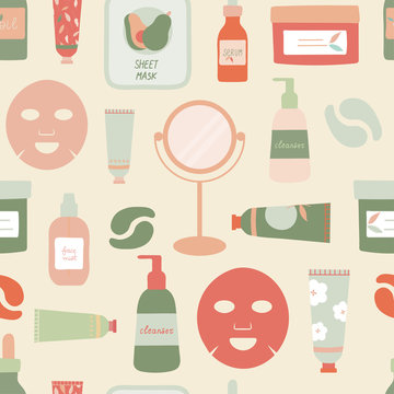 Seamless repeat pattern of natural skincare products and tools.Mask,mirror,cleanser,cream,face mist,moisturizer,lotion flat vector illustration.