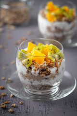  Healthy meal made of granola, yogurt and fruits. Delicious food for breakfast.