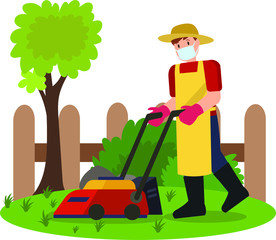 A man mowing his garden illustration