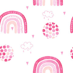 Watercolor rainbow seamless pattern in pink for nursery.