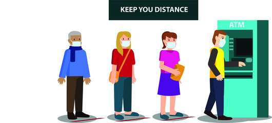 Peoples are keeping their distance while lining at ATM