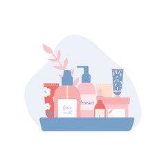 Composition with tropical leaf and natural organic cosmetic products in bottles, tubes and jars for skin care in a tray. Skincare routine set. Flat cartoon vector illustration.