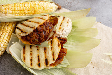 arepa with chicken, meat and pork. (Colombian and Venezuelan typical food)