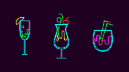 Neon alcohol drinks signs vector isolated on dark background. Neon lighting cocktails. Drinking canteen banner. Night club invitation. Vector illustration.