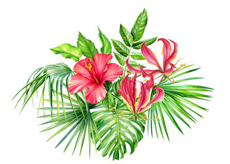 bouquet, tropical plants, palm leaves, monstera, calathea, fern, lilies, hibiscus flowers on white background