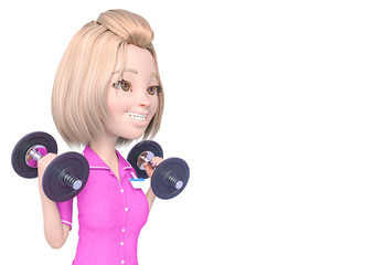 Fototapeta premium blond nurse cartoon is doing some workout exercise with the dumbbells close up with copy space