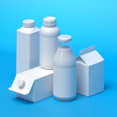 composition of 5 types of blank milk packaging on the blue background. 3D illustration