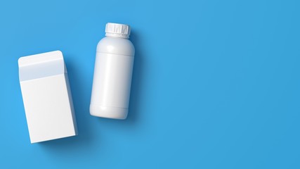 Lying on the left side milk box and plastic bottles on the blue_3D illustration