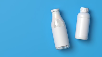 Top viewed lying milk glass and plastic bottles on the blue_3D illustration
