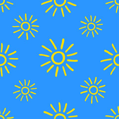 Seamless pattern with hand drawn yellow doodle suns on blue background. Vector illustration for textile and fabric, cover, print on clothes.