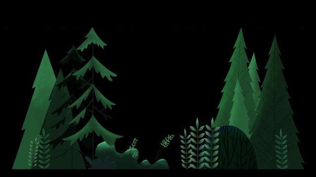 Seamless loop. Group of evergreen trees, grass and bushes swinging in wind.Green sunnt day. Animated vector illustration with brushes and texture isolated on black background with alpha luma matte.