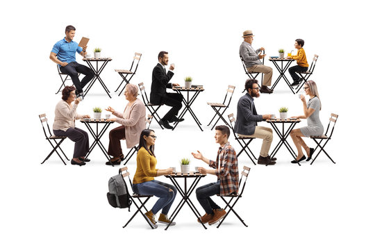 People sitting on different tables in a cafe